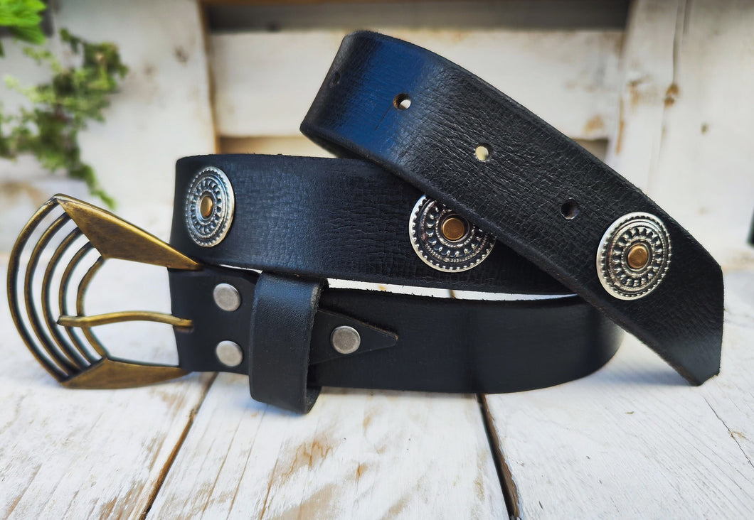 Boho Chic Handmade Black Leather Belt with Silver Coin and Gold Rivet Accents