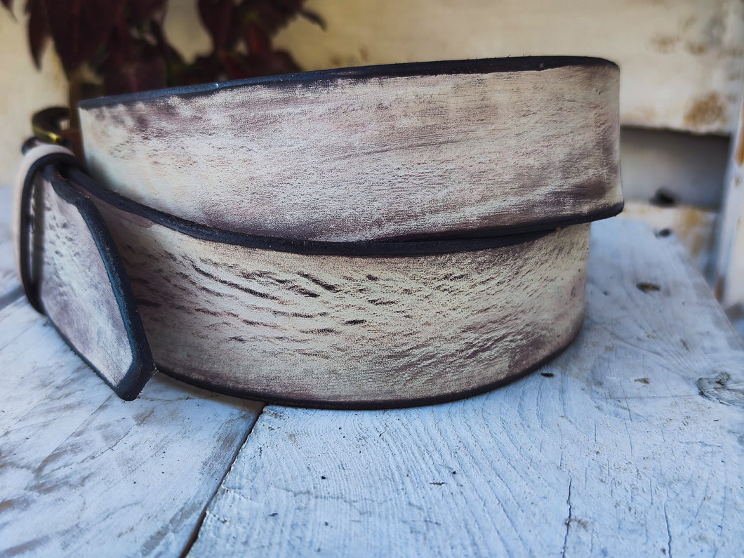 Handmade Creamy White Leather Belt with Brown Wash - Unique Stylish Accessory