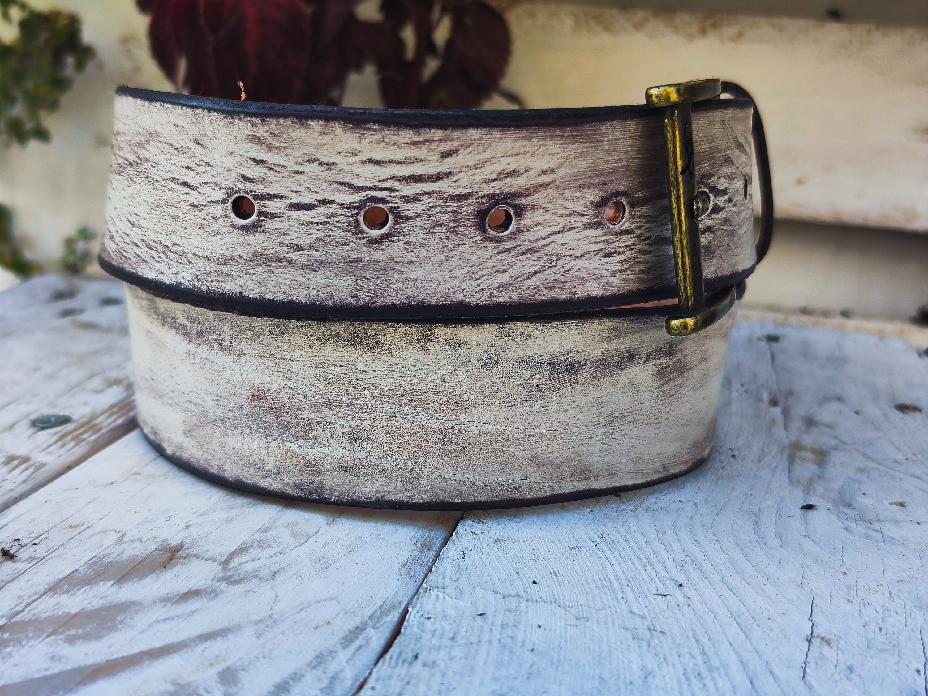 Handmade Creamy White Leather Belt with Brown Wash - Unique Stylish Accessory