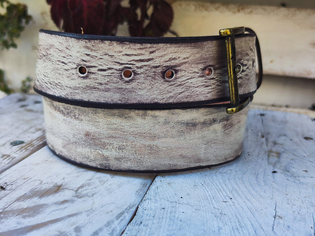 Handmade Creamy White Leather Belt with Brown Wash - Unique Stylish Accessory