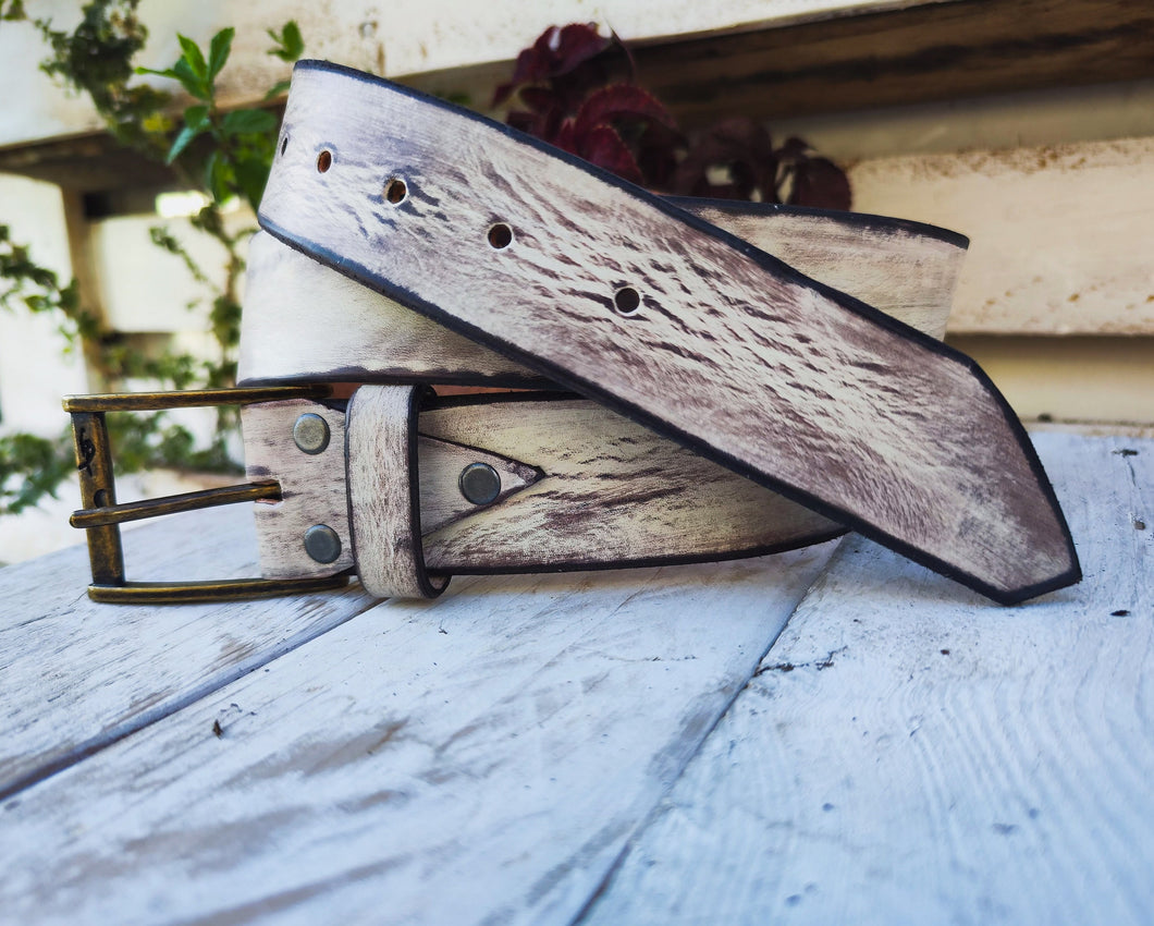 Handmade Creamy White Leather Belt with Brown Wash - Unique Stylish Accessory