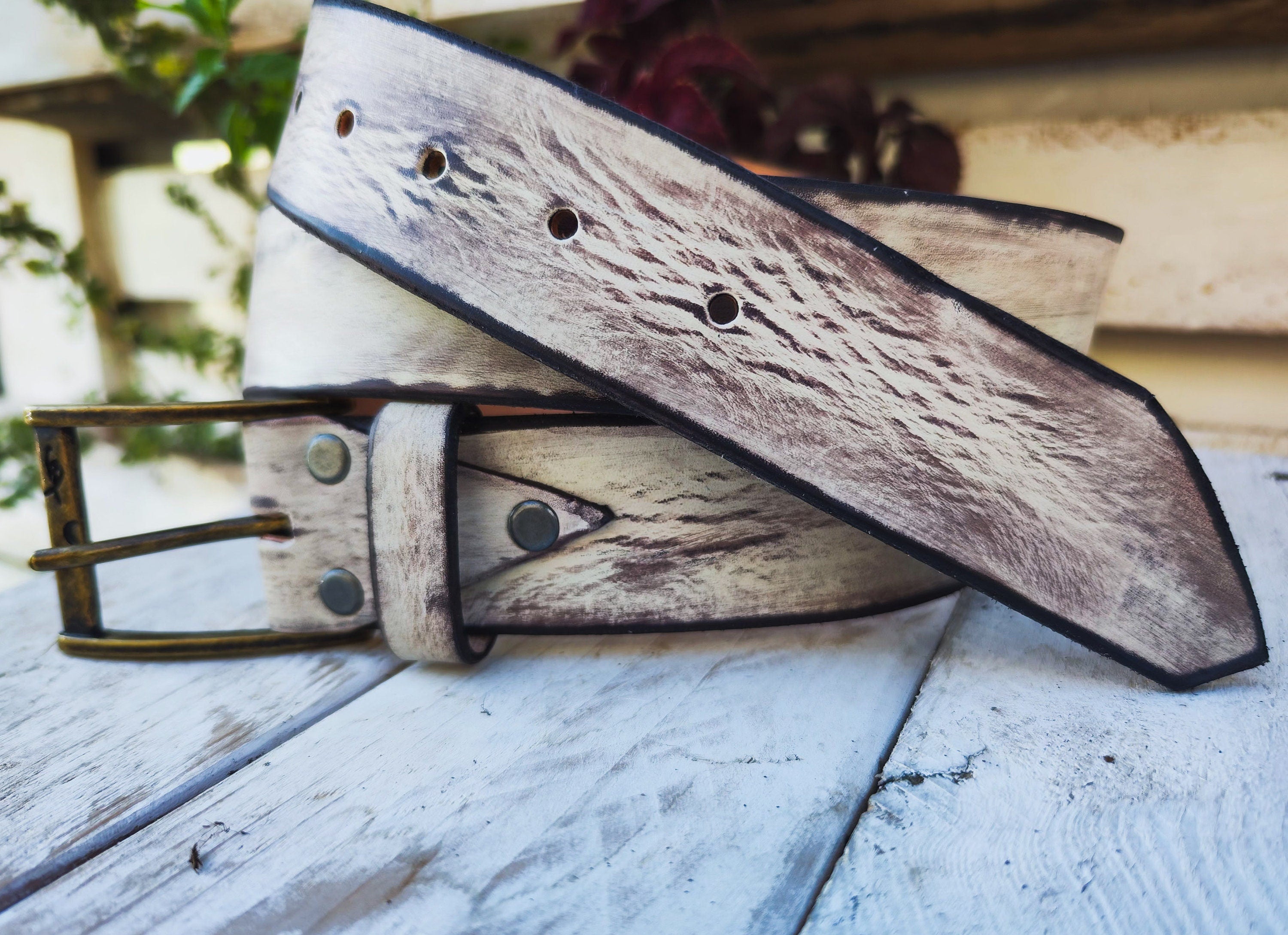 Handmade Creamy White Leather Belt with Brown Wash - Unique Stylish Accessory