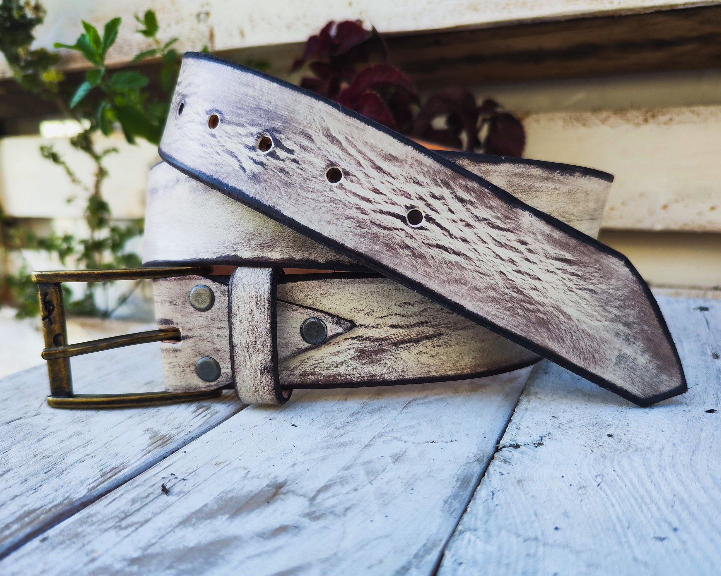 Handmade Creamy White Leather Belt with Brown Wash - Unique Stylish Accessory