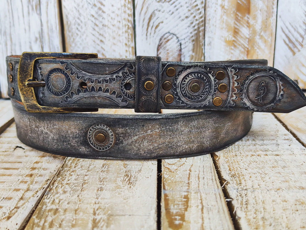 Handmade Leather Motorcycle Belt Rugged White Vintage Brown Wash with Gear Stamps Studs