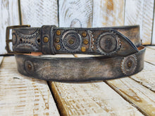 Handmade Leather Motorcycle Belt  Rugged White  Vintage Brown Wash with Gear Stamps Studs
