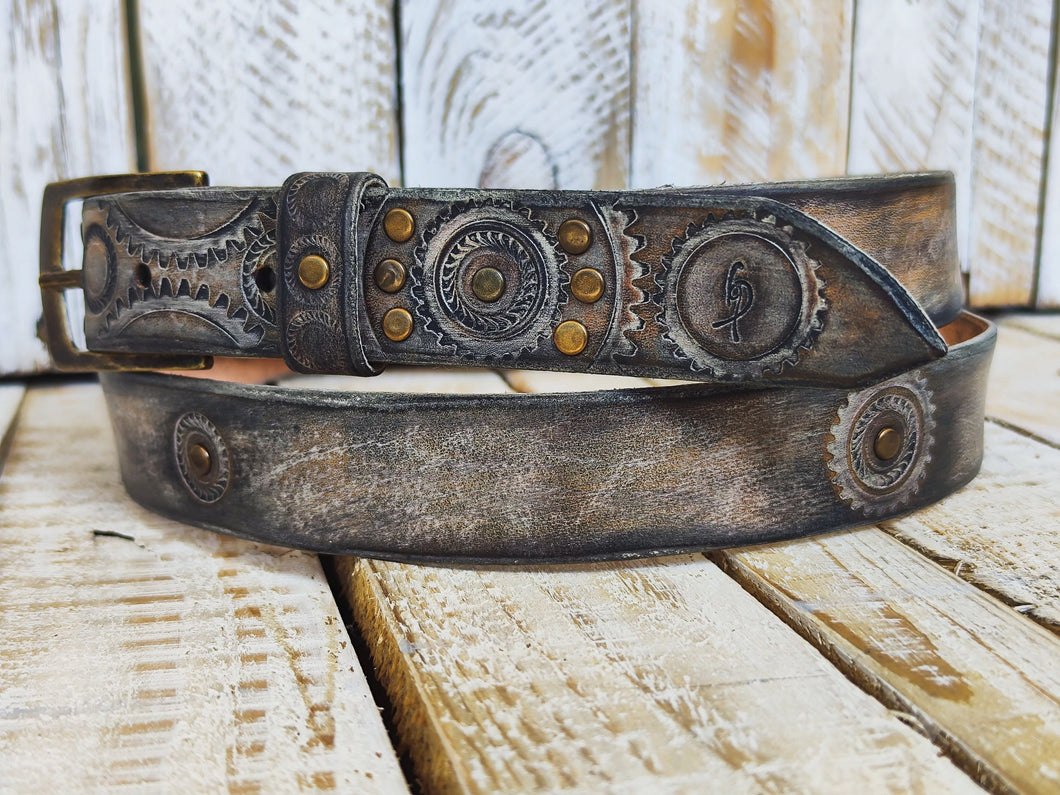 Handmade Leather Motorcycle Belt Rugged White Vintage Brown Wash with Gear Stamps Studs