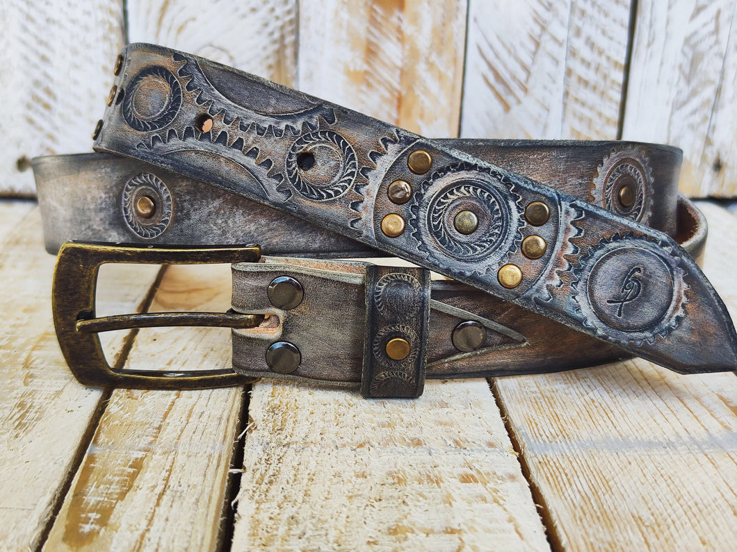 Handmade Leather Motorcycle Belt Rugged White Vintage Brown Wash with Gear Stamps Studs