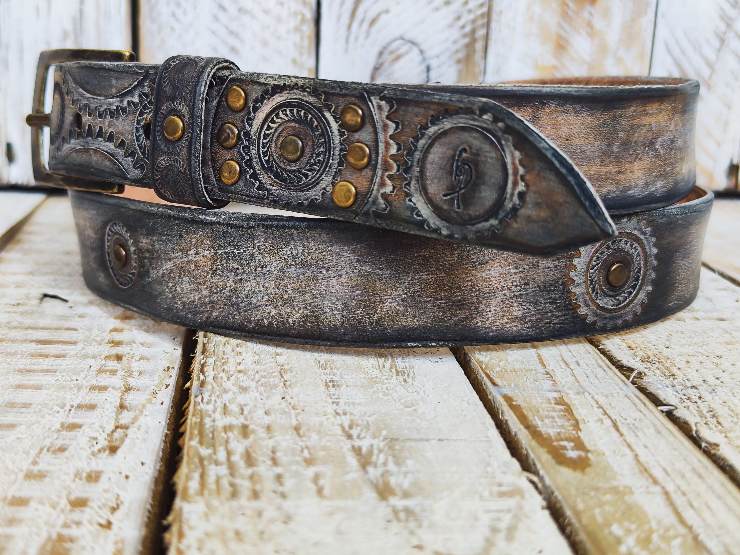 Handmade Leather Motorcycle Belt Rugged White Vintage Brown Wash with Gear Stamps Studs