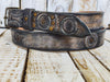 Handmade Leather Motorcycle Belt Rugged White Vintage Brown Wash with Gear Stamps Studs