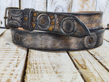 Handmade Leather Motorcycle Belt  Rugged White  Vintage Brown Wash with Gear Stamps Studs