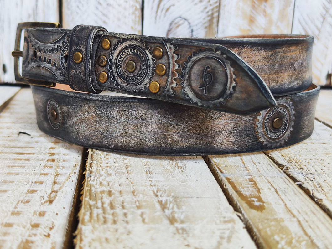 Handmade Leather Motorcycle Belt Rugged White Vintage Brown Wash with Gear Stamps Studs