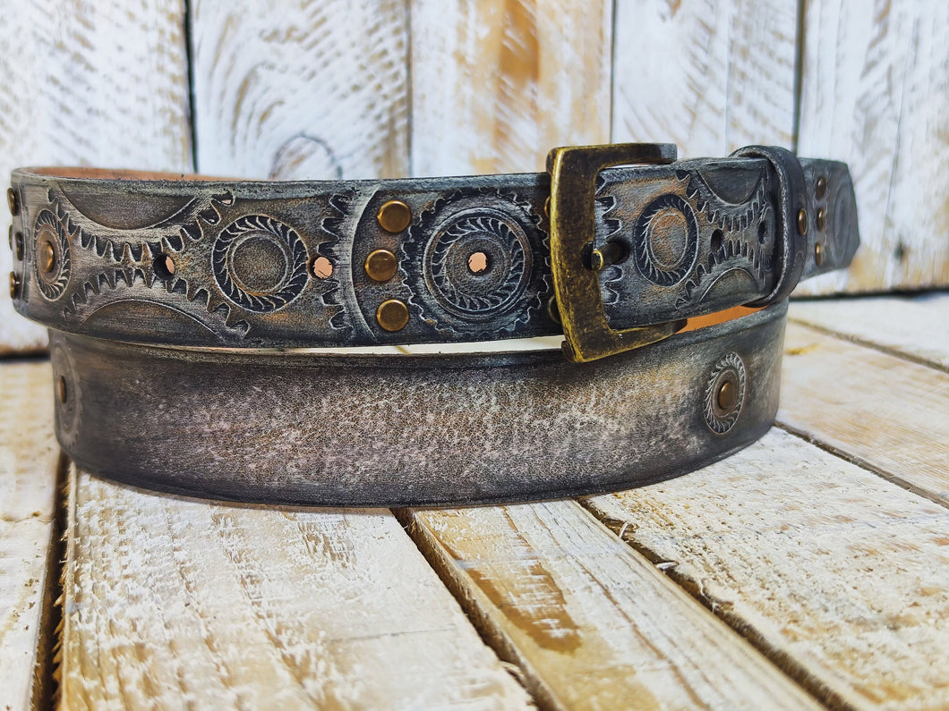 Handmade Leather Motorcycle Belt Rugged White Vintage Brown Wash with Gear Stamps Studs