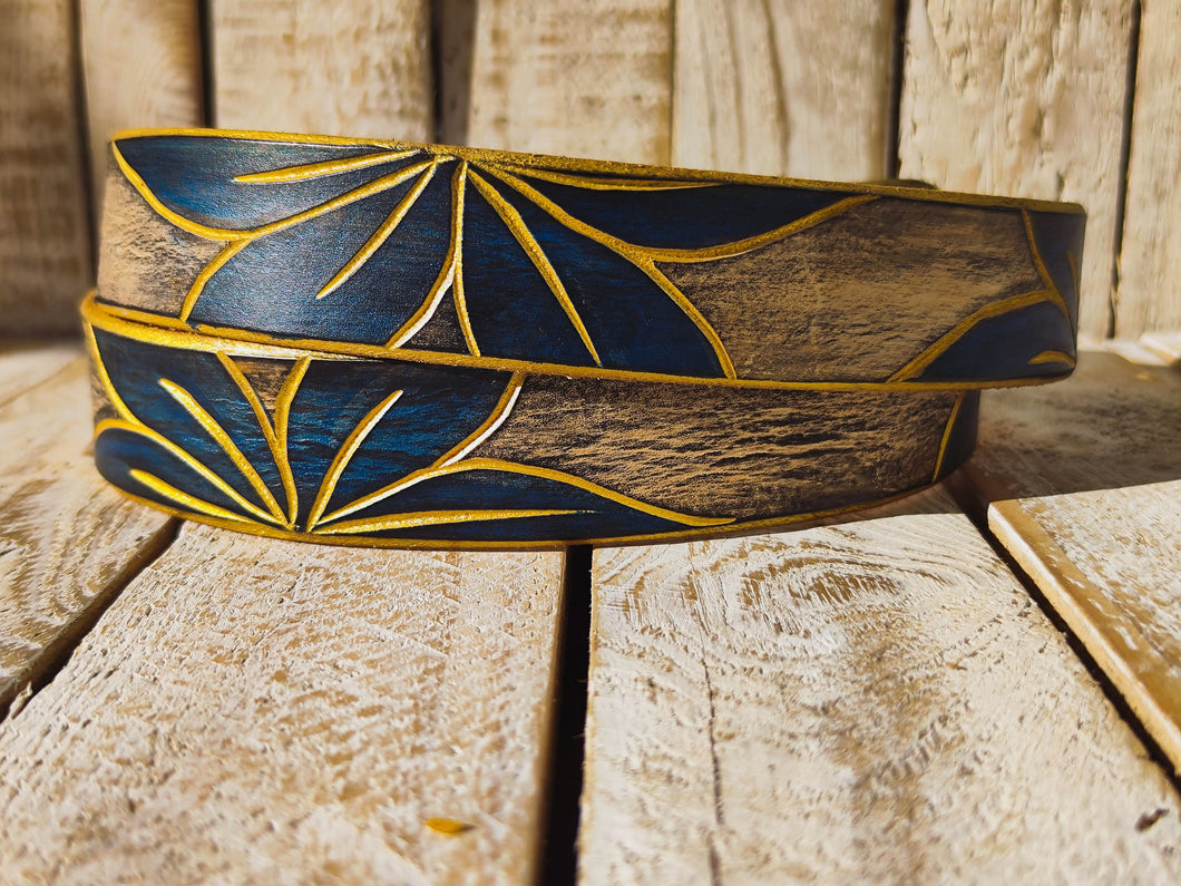 Artisanal White Leather Belt with Engraved Blue Flower Design, Black Wash Finish, and Gilded Details