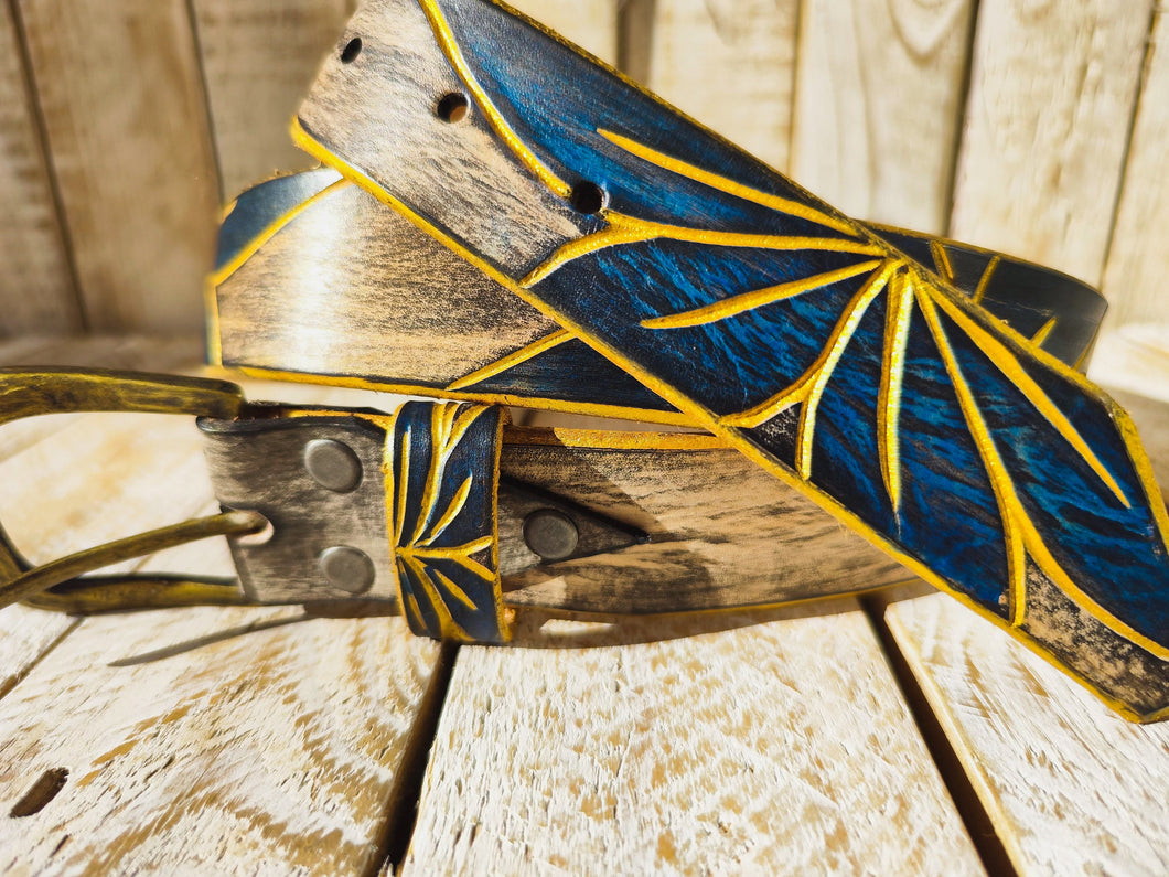 Artisanal White Leather Belt with Engraved Blue Flower Design, Black Wash Finish, and Gilded Details