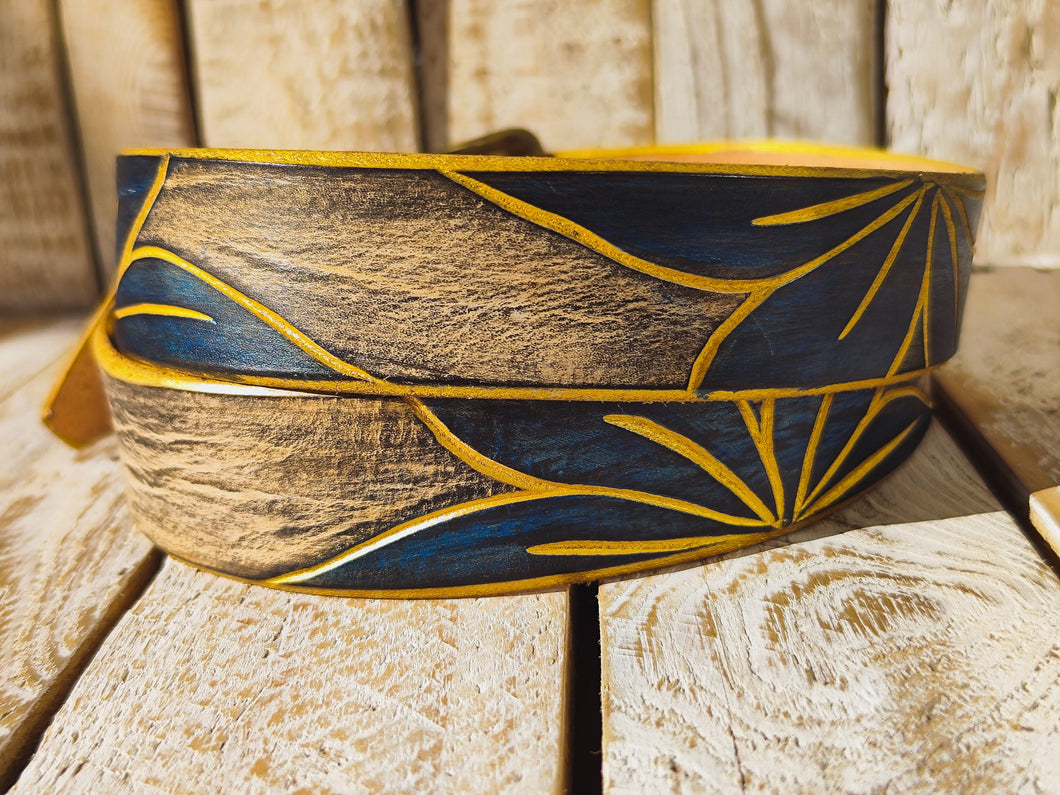 Artisanal White Leather Belt with Engraved Blue Flower Design, Black Wash Finish, and Gilded Details