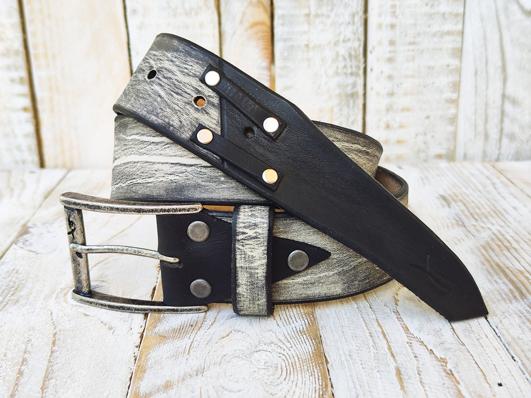 Handmade Mens Leather Belt - White with Black Wash and Buckle - Unique Rustic Style - Perfect Gift for Rocker Men