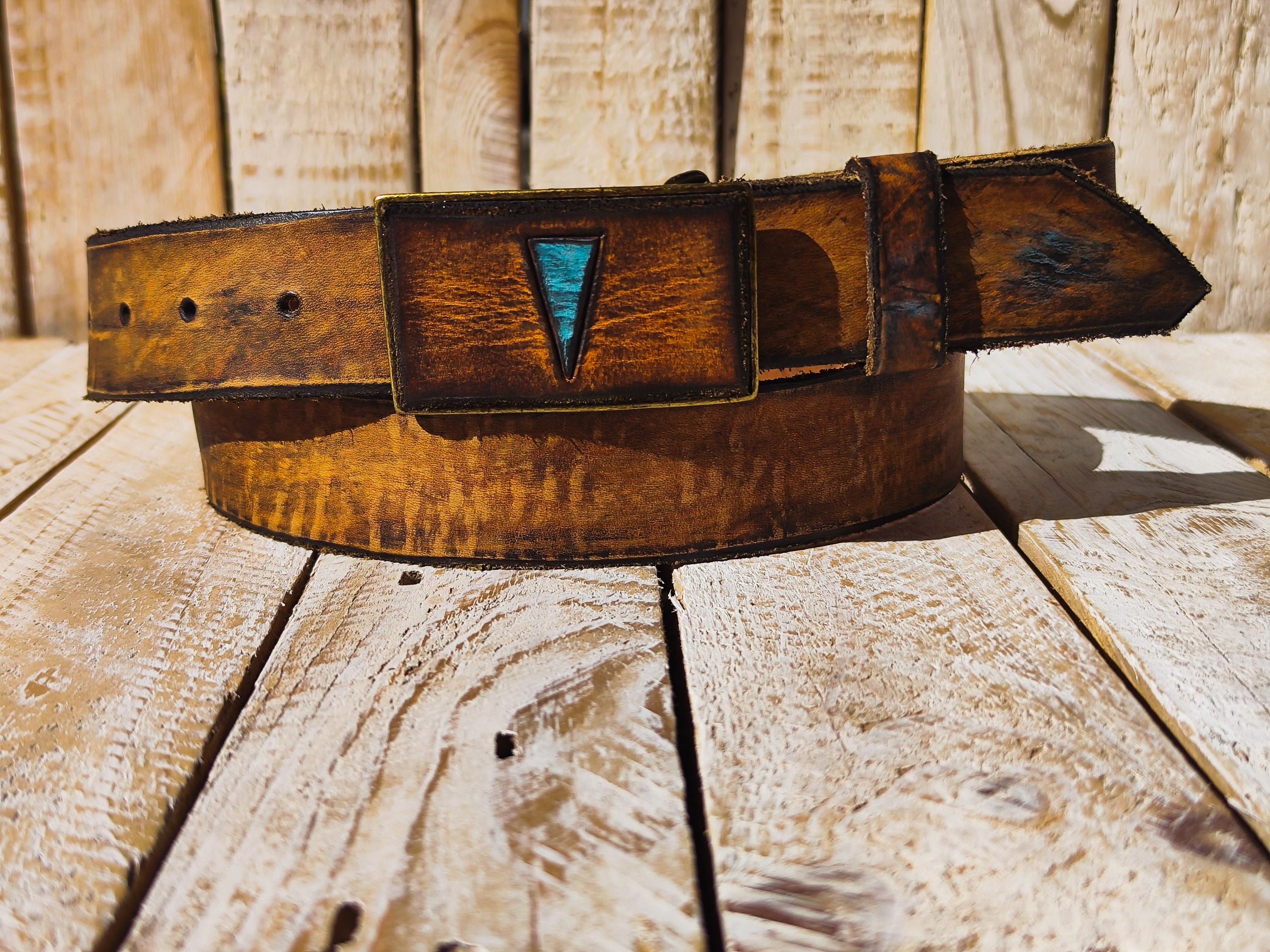 Handcrafted Brown Leather Belt with Vintage Texture Bronze Buckle and Turquoise Triangle - 36cm
