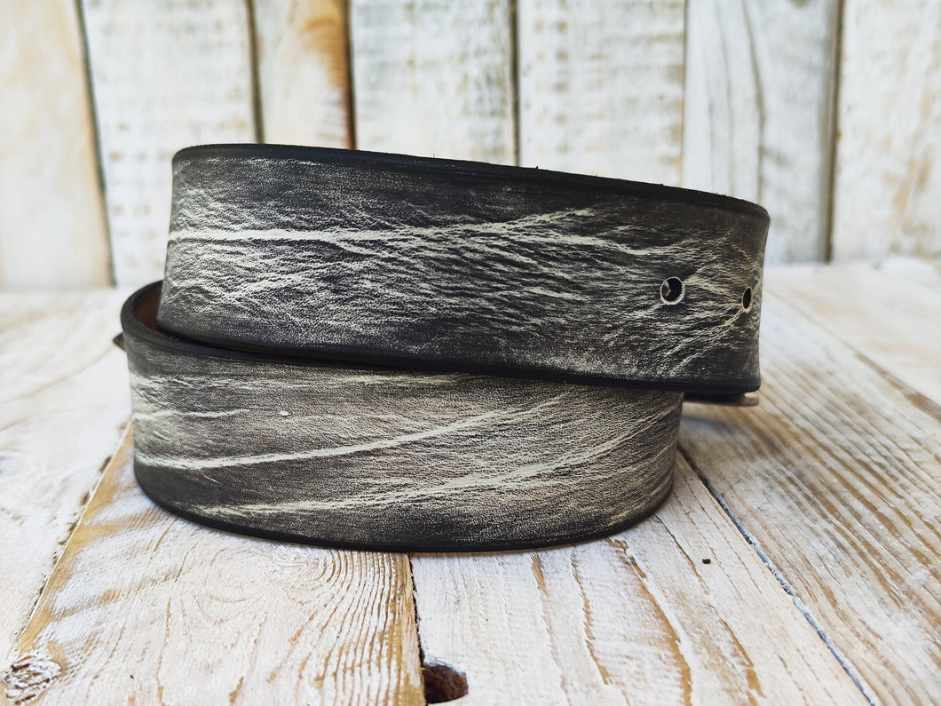 Handmade Mens Leather Belt - White with Black Wash and Buckle - Unique Rustic Style - Perfect Gift for Rocker Men