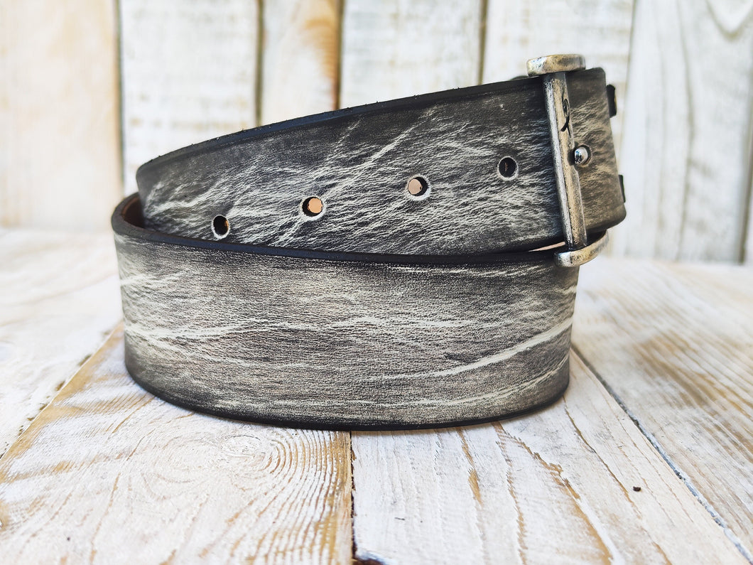 Handmade Mens Leather Belt - White with Black Wash and Buckle - Unique Rustic Style - Perfect Gift for Rocker Men