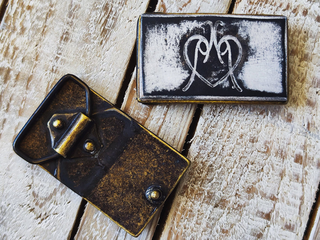 White Leather Belt Buckle with Black Wash and Double Logo - 4cm Unique Design