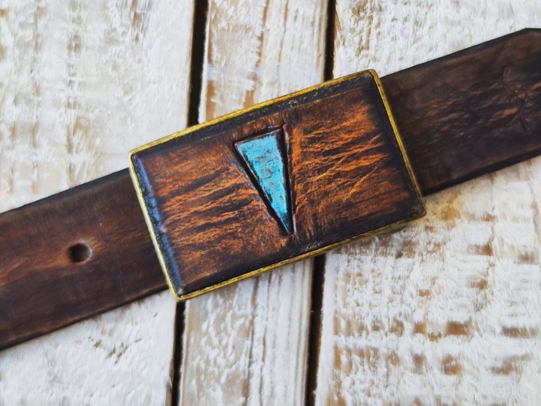 Unique Turquoise Geometric Belt Buckle - Brown Statement Accessory
