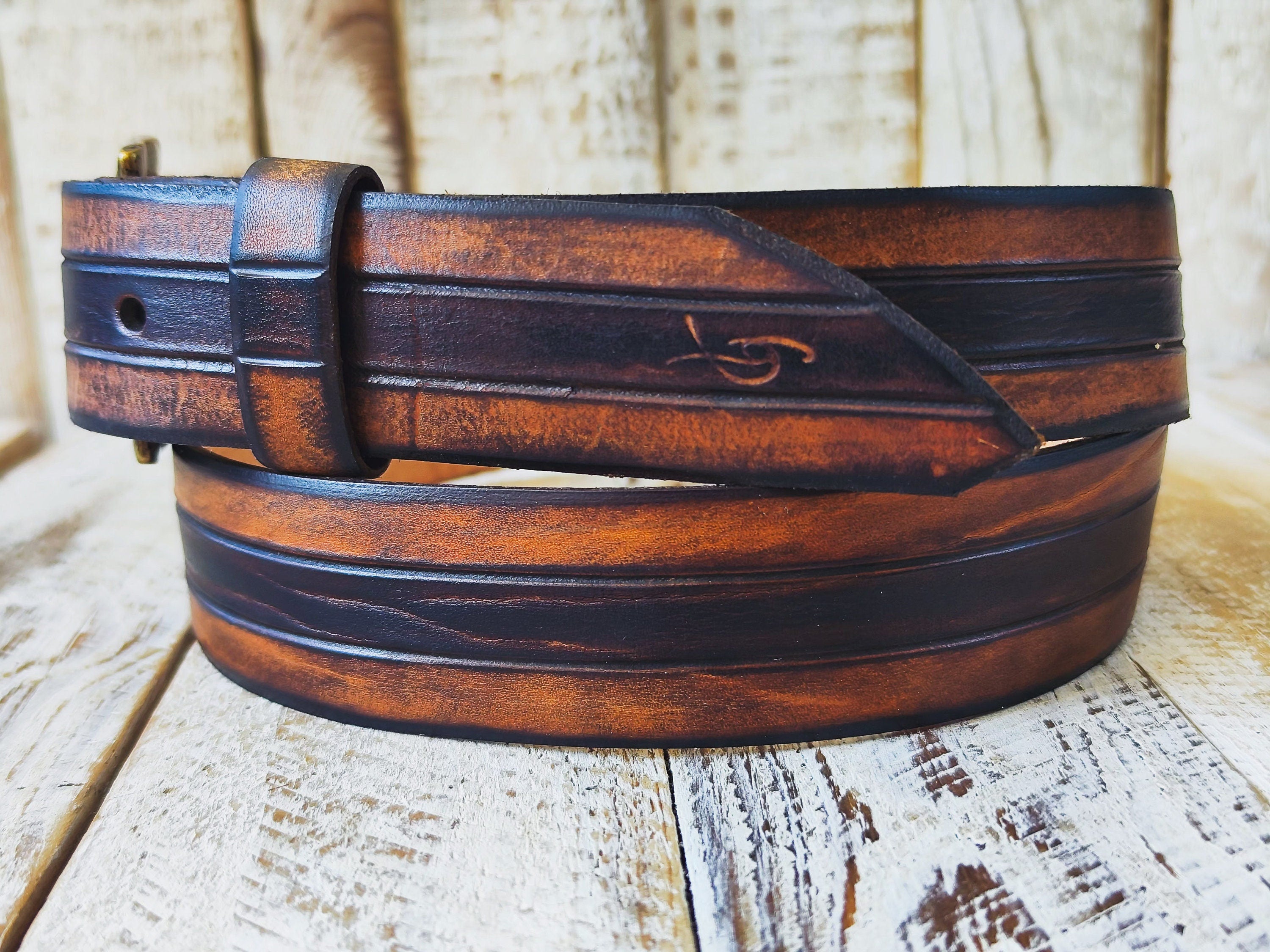 Handcrafted Leather Belt with Three Stripes in Shades of Brown and Bronze and Removable Buckle