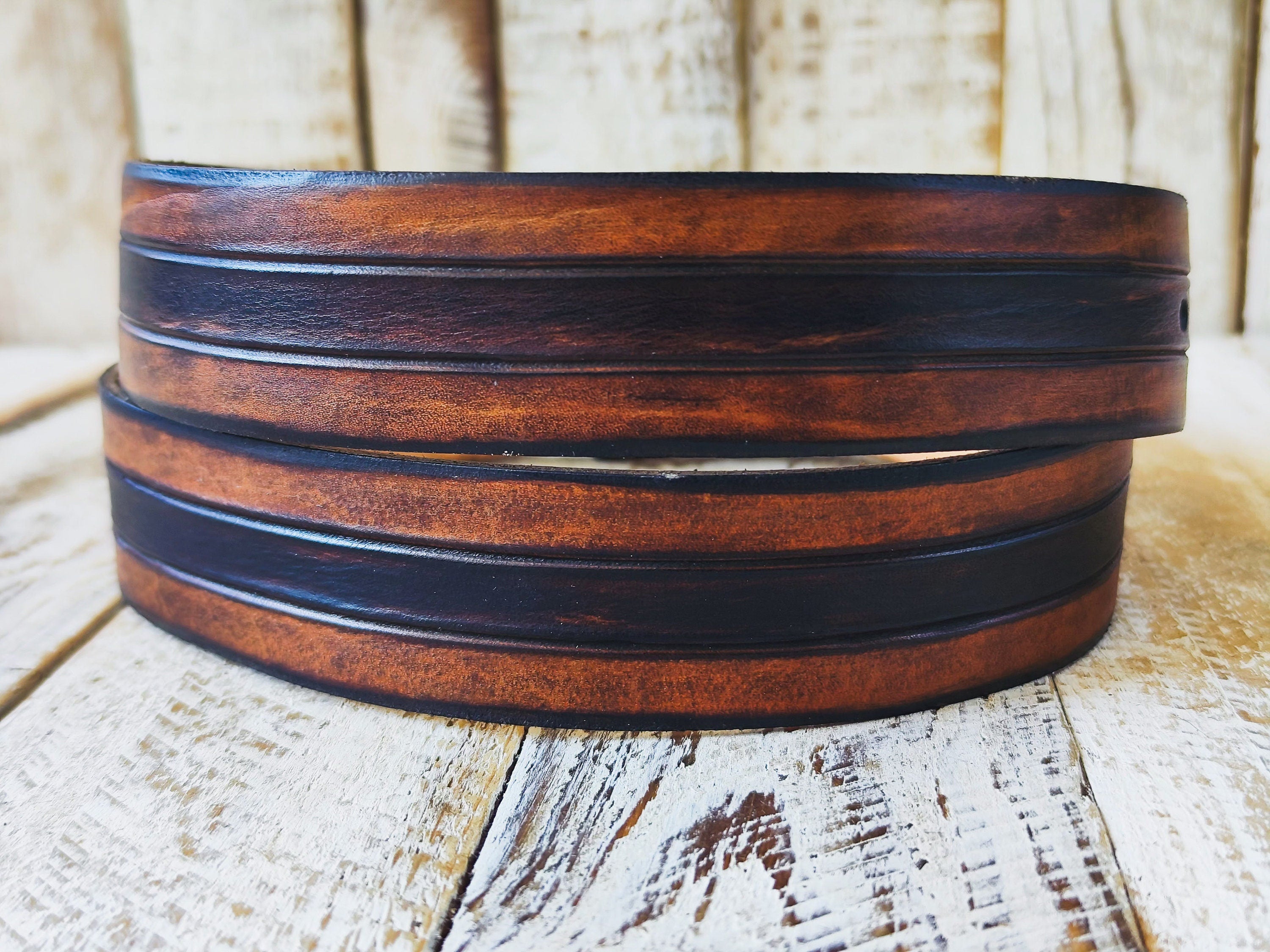 Handcrafted Leather Belt with Three Stripes in Shades of Brown and Bronze and Removable Buckle