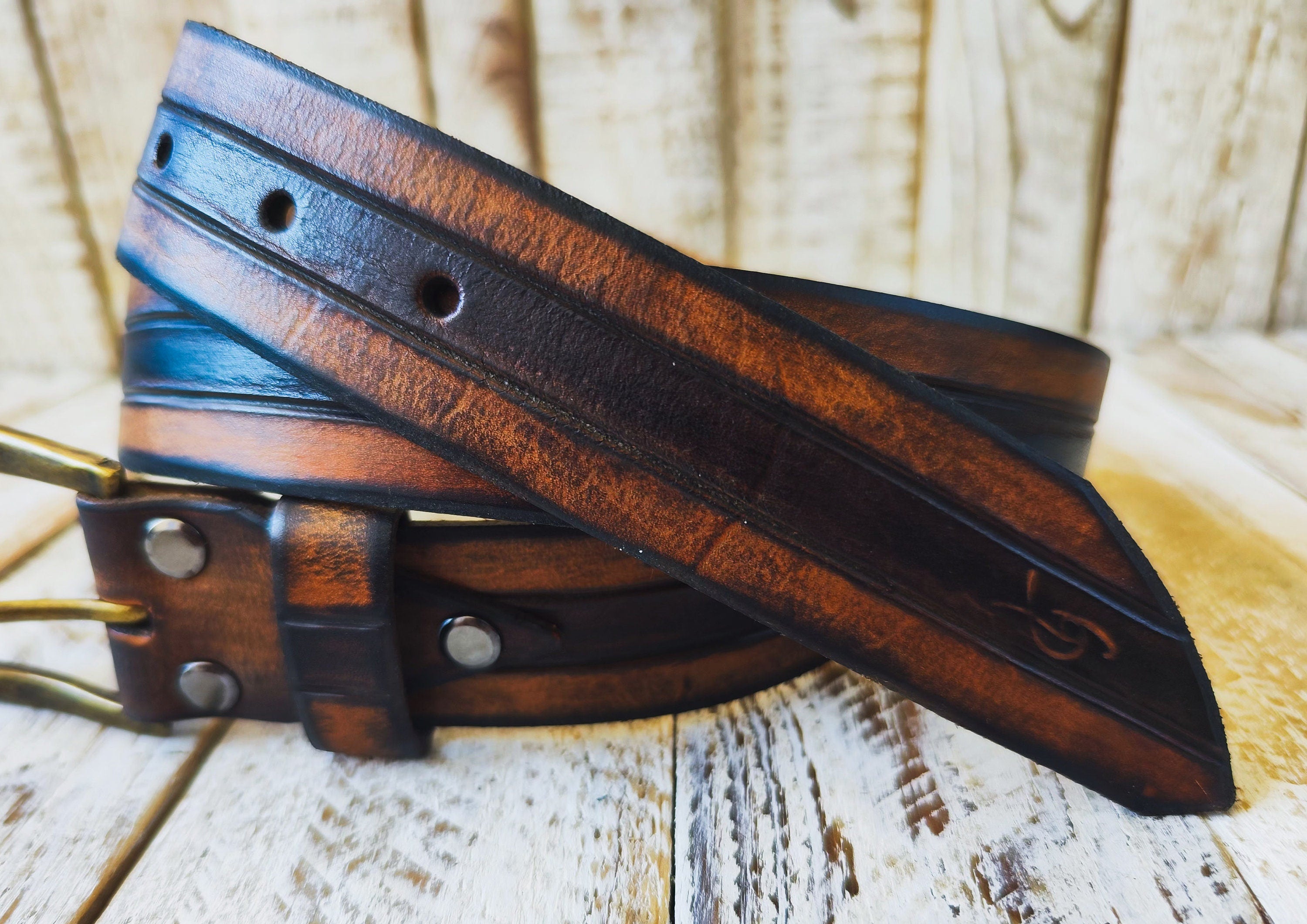Handcrafted Leather Belt with Three Stripes in Shades of Brown and Bronze and Removable Buckle