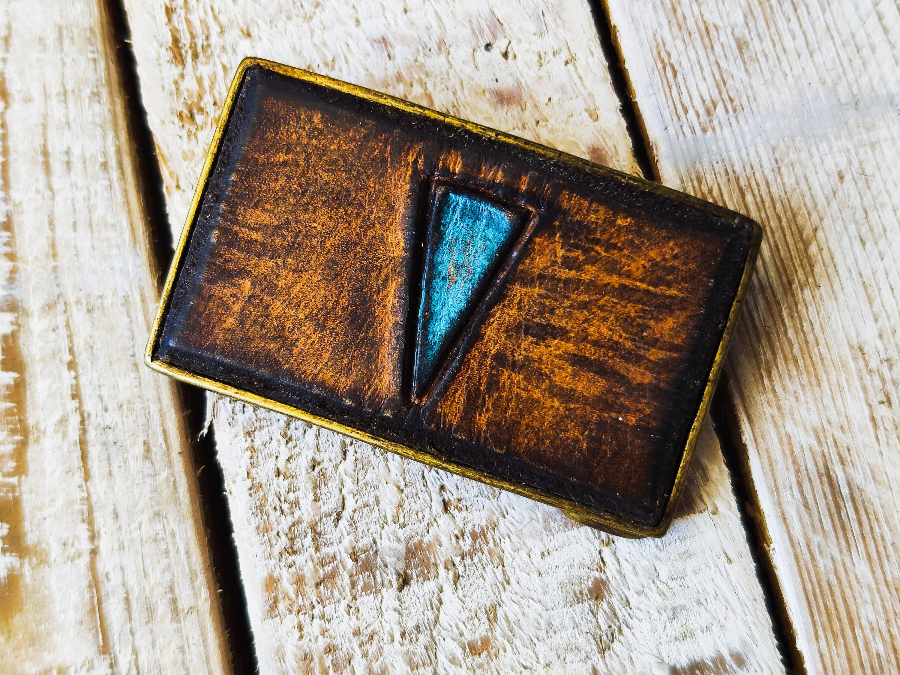 Unique Turquoise Geometric Belt Buckle - Brown Statement Accessory