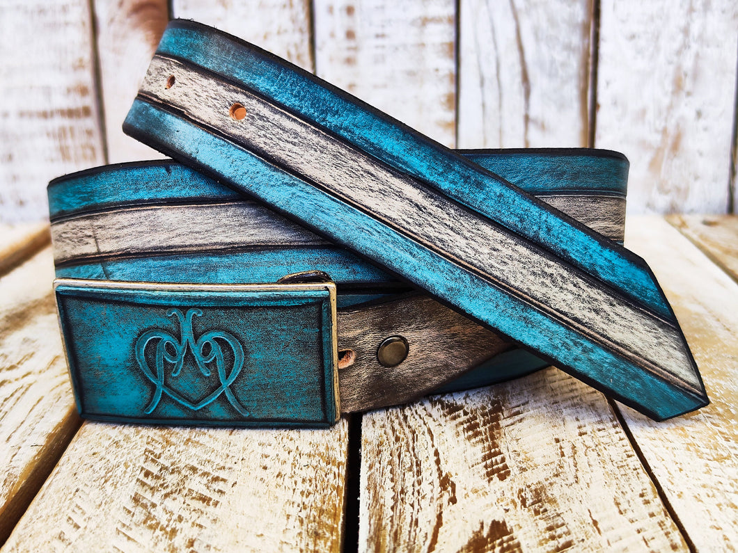 Israeli Flag Heart Leather Belt - Unique Handmade Fashion Accessory