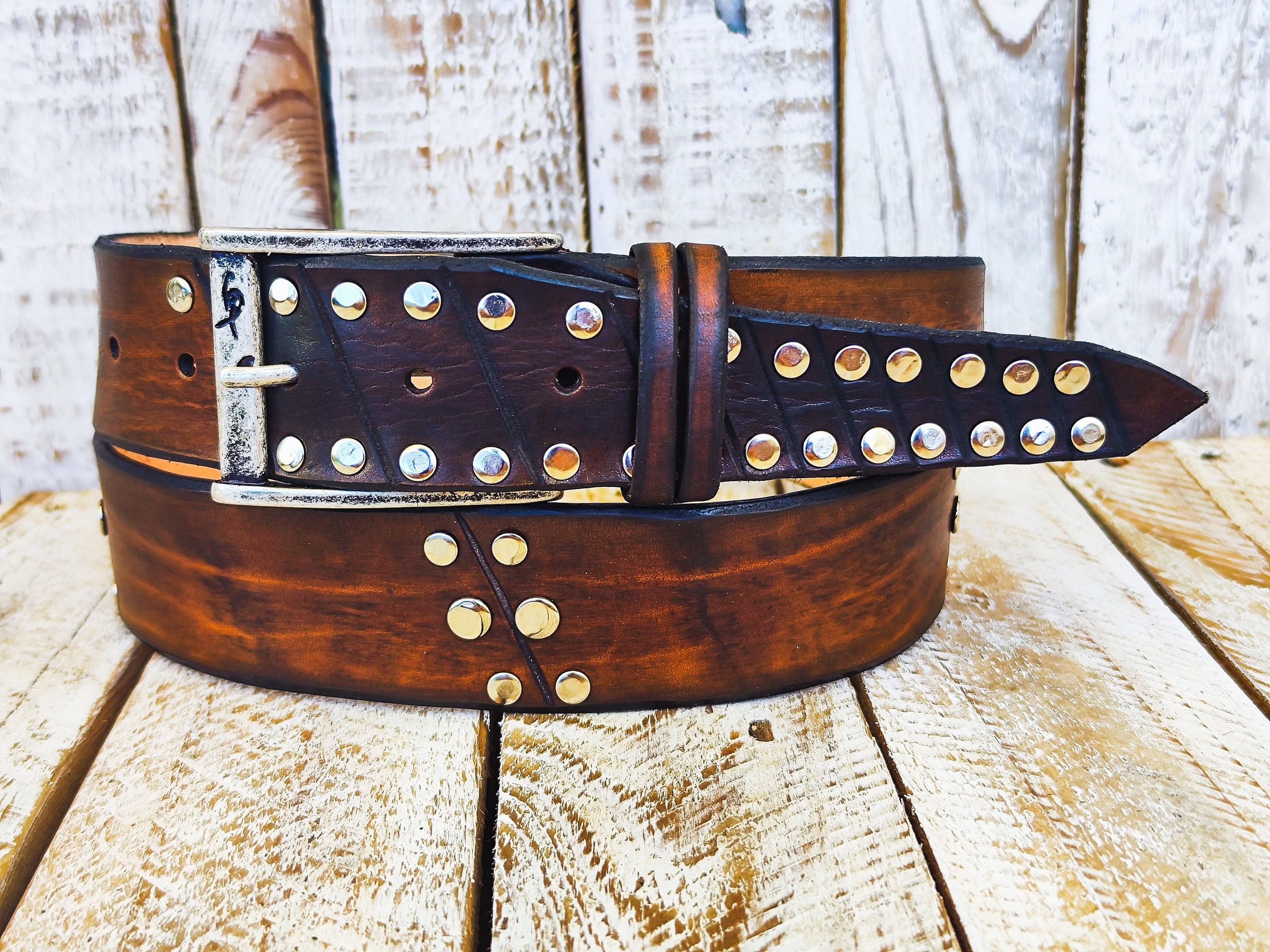 Brown Leather Rodeo Rock Belt - Handcrafted with Silver Buckle - Mens Accessory