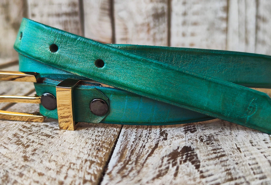 Handcrafted Narrow Turquoise Leather Belt with Gold Buckle for Women - Elegant Design Unique Color