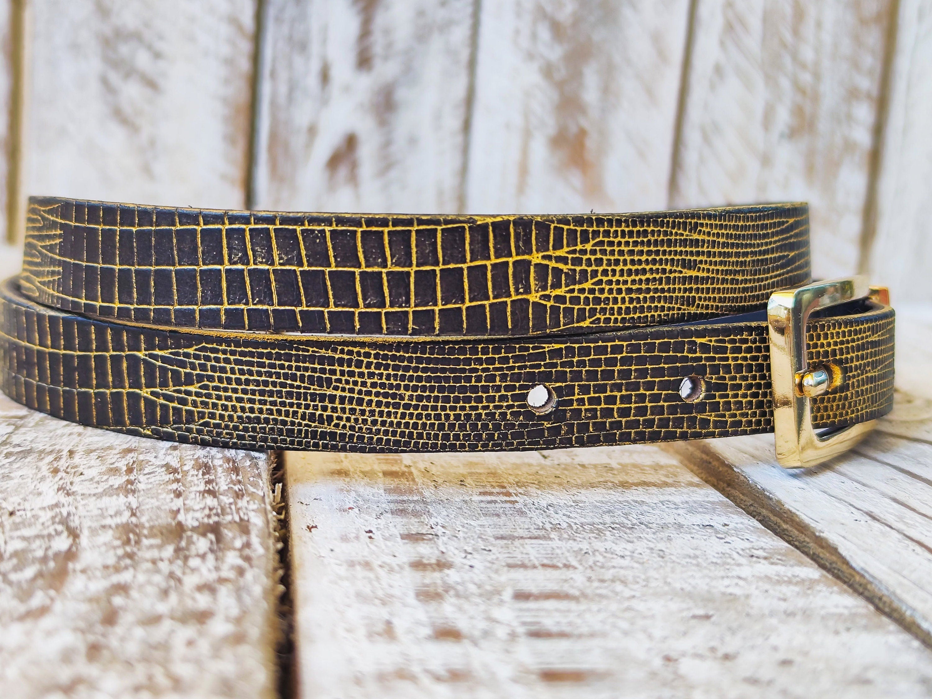 Elegant Black Leather Belt with Gold Wash and Adjustable Gold Buckle - Perfect Everyday Accessory and Gift