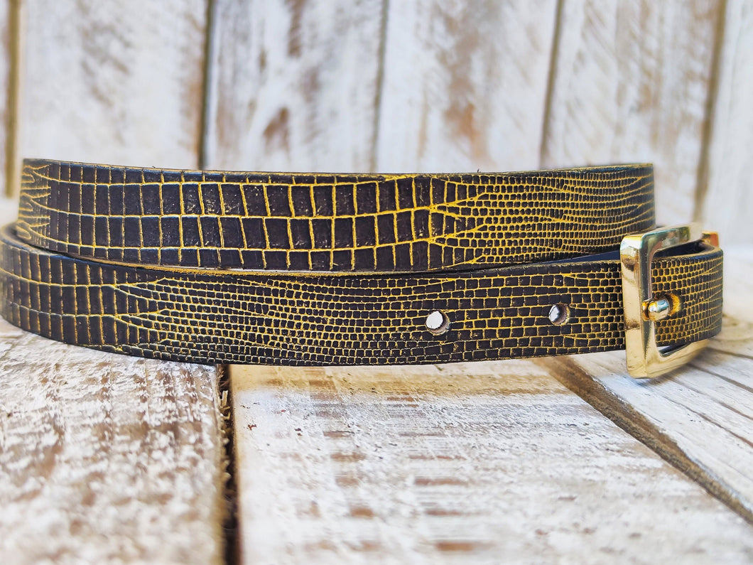 Elegant Black Leather Belt with Gold Wash and Adjustable Gold Buckle - Perfect Everyday Accessory and Gift