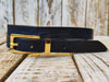 Sleek Black Leather narrow Belt with Elegant Gold Buckle - Stylish and Versatile Accessory"