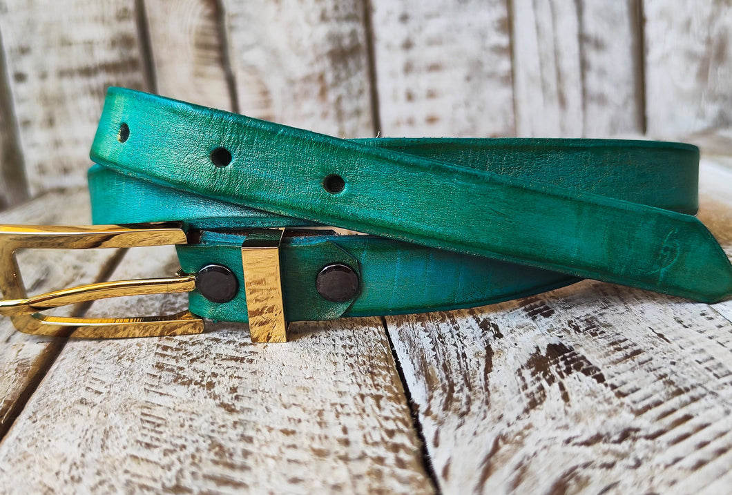 Handcrafted Narrow Turquoise Leather Belt with Gold Buckle for Women - Elegant Design Unique Color