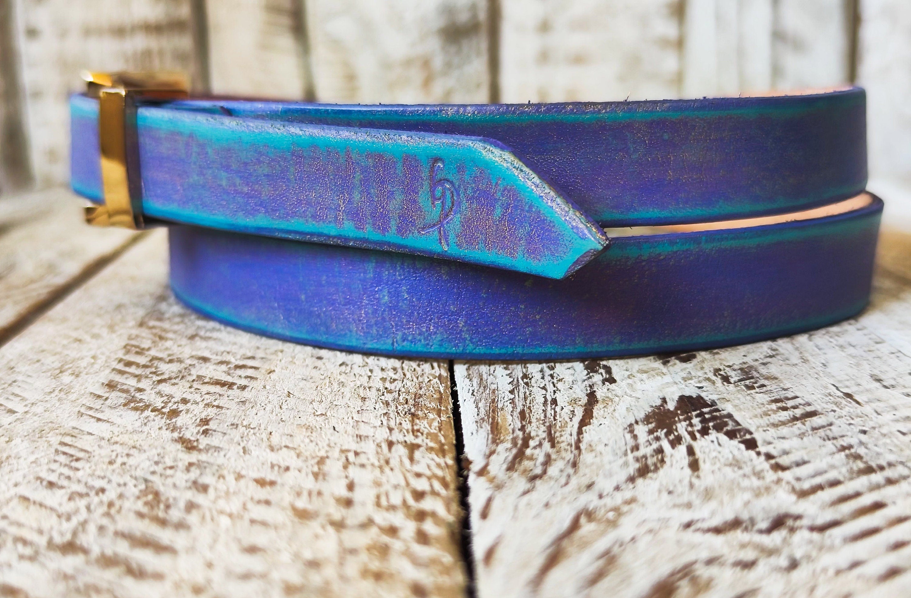 Handcrafted Narrow Purple Leather Belt with Turquoise Wash and Gold Finish for Women - Elegant Design with Gold Buckle