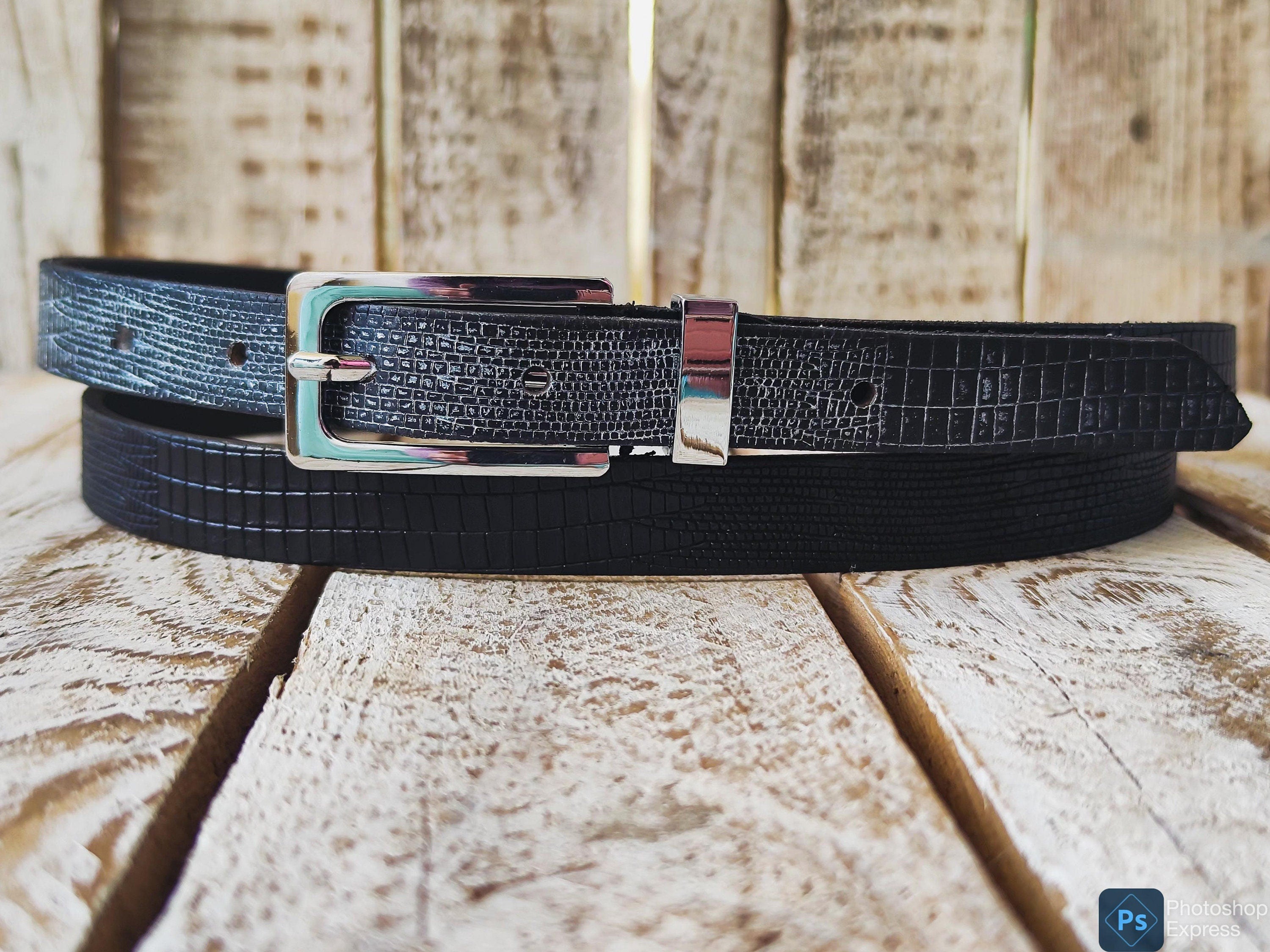 Black Leather Belt Touches of silver in the tail of the belt and silver buckle, Elegant Everyday Accessor.
