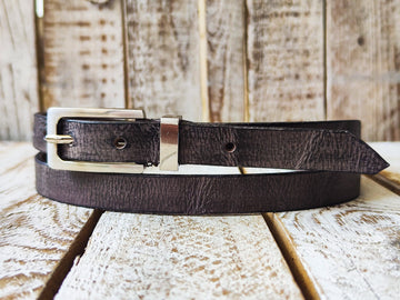 Handmade grey Narrow Leather Belt with black wash and Silver Buckle - Stylish Accessory for Men or Women