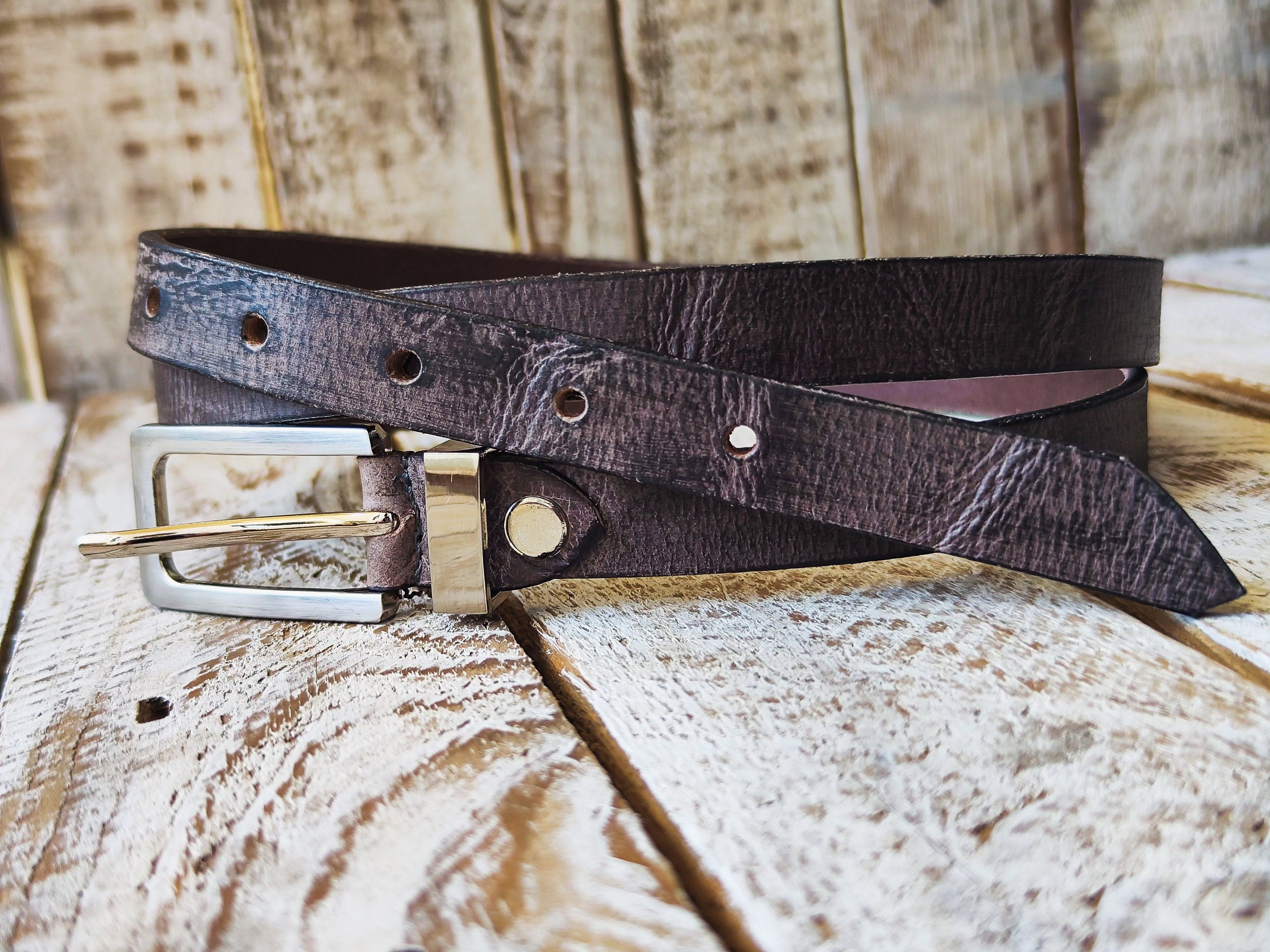 Handmade grey Narrow Leather Belt with black wash and Silver Buckle - Stylish Accessory for Men or Women