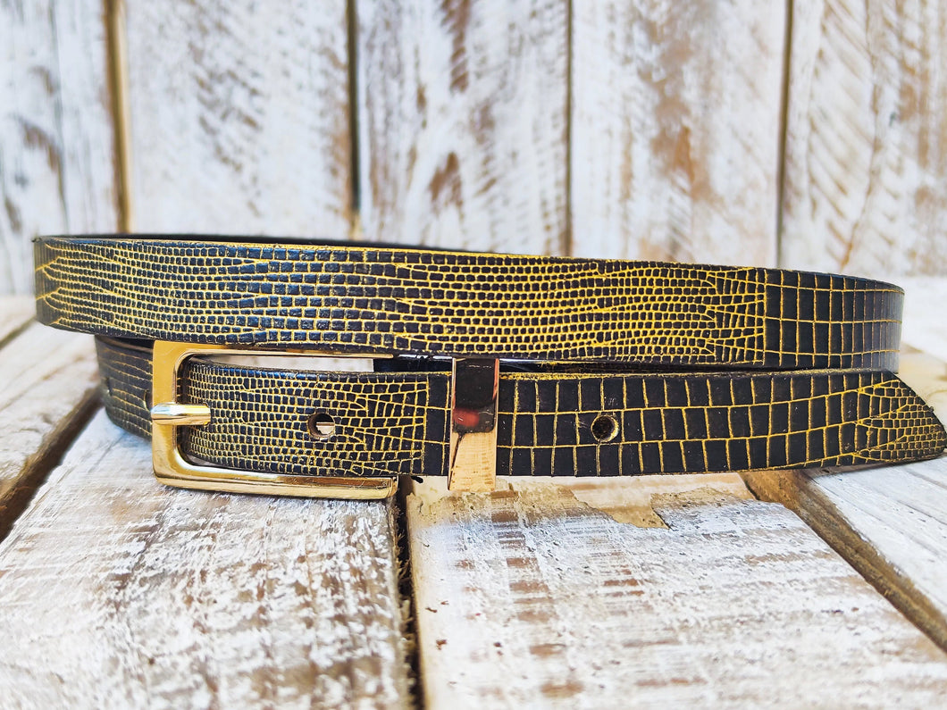 Elegant Black Leather Belt with Gold Wash and Adjustable Gold Buckle - Perfect Everyday Accessory and Gift