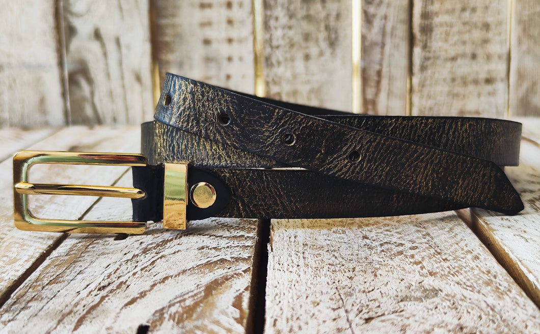 Elegant Everyday Accessory Black Leather Belt with Gold Wash and Buckle - Adjustable and Perfect Gift