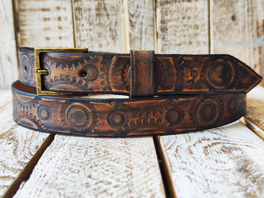 Handmade Rugged Leather Belt for Bikers - Vintage Brown Motorcycle Gear Stamps - Personalized Gift