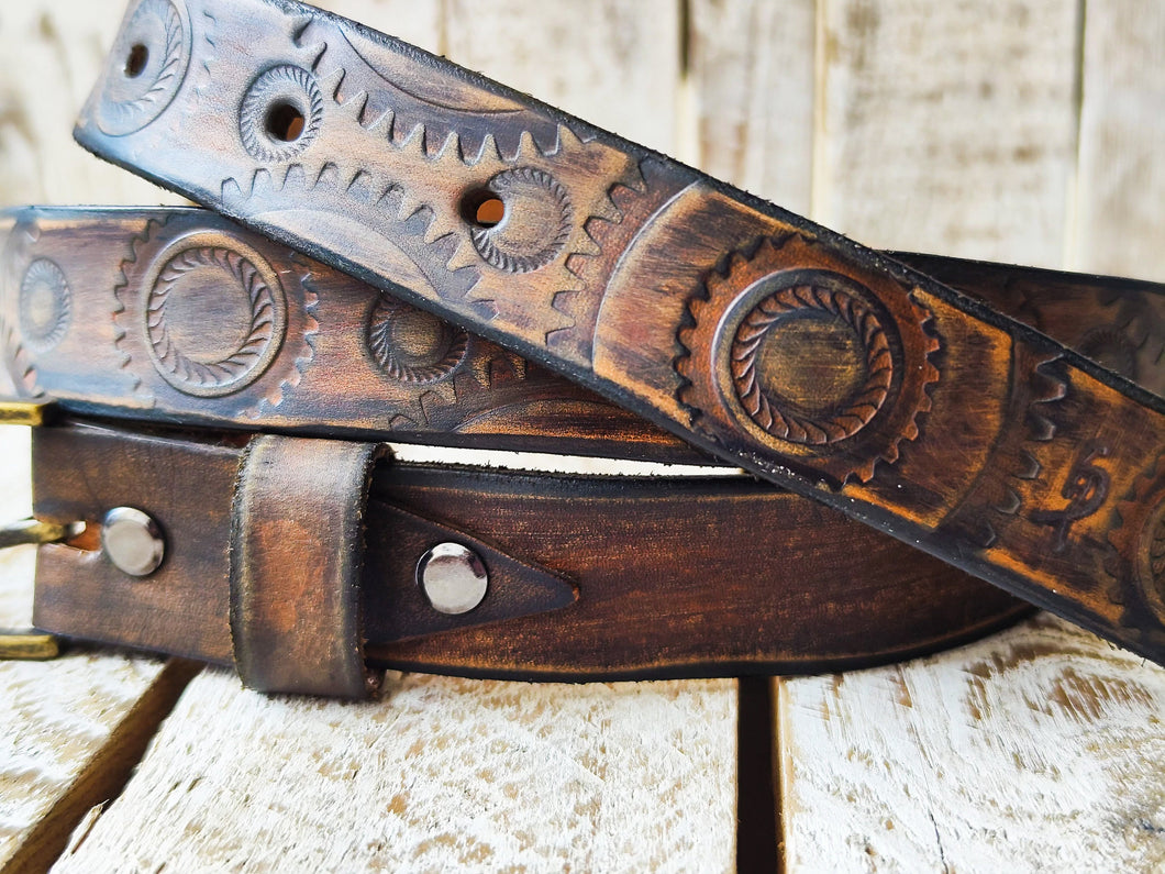 Handmade Rugged Leather Belt for Bikers - Vintage Brown Motorcycle Gear Stamps - Personalized Gift