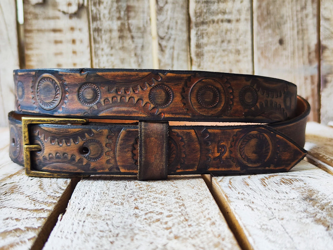 Handmade Rugged Leather Belt for Bikers - Vintage Brown Motorcycle Gear Stamps - Personalized Gift