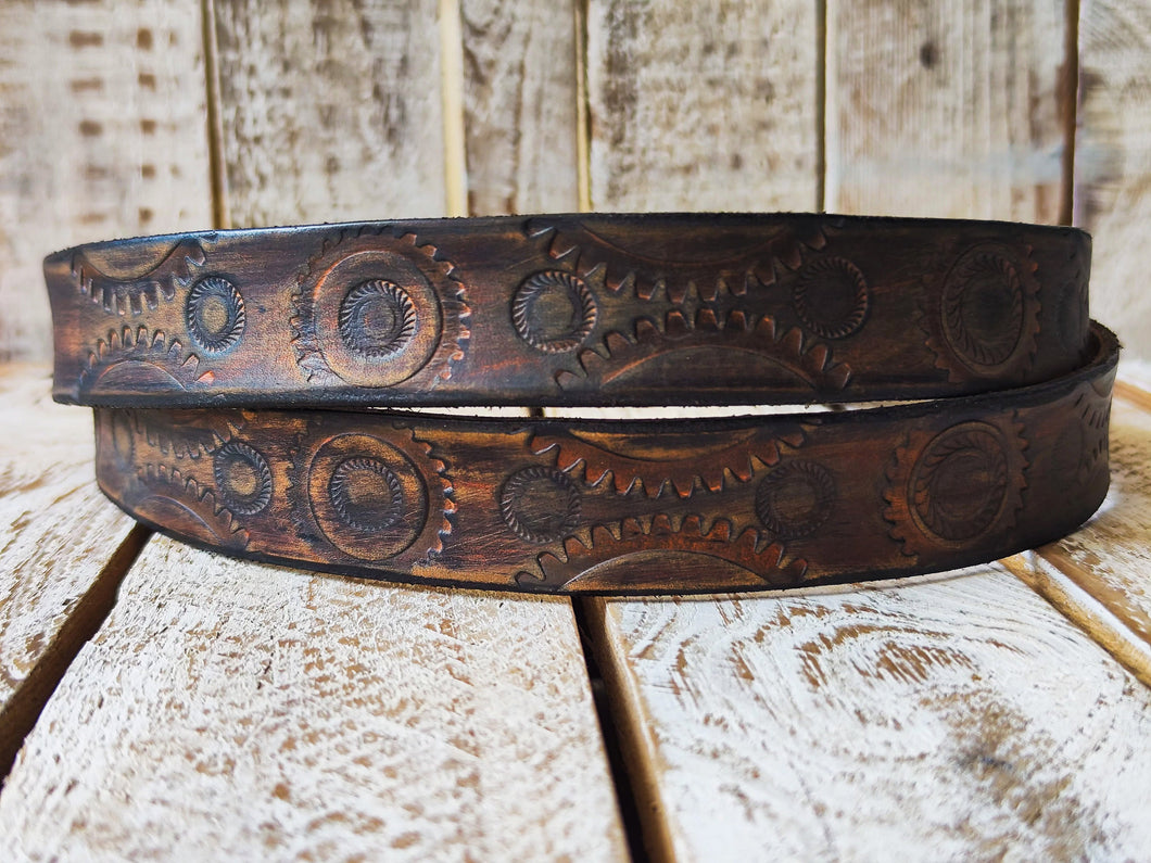Handmade Rugged Leather Belt for Bikers - Vintage Brown Motorcycle Gear Stamps - Personalized Gift