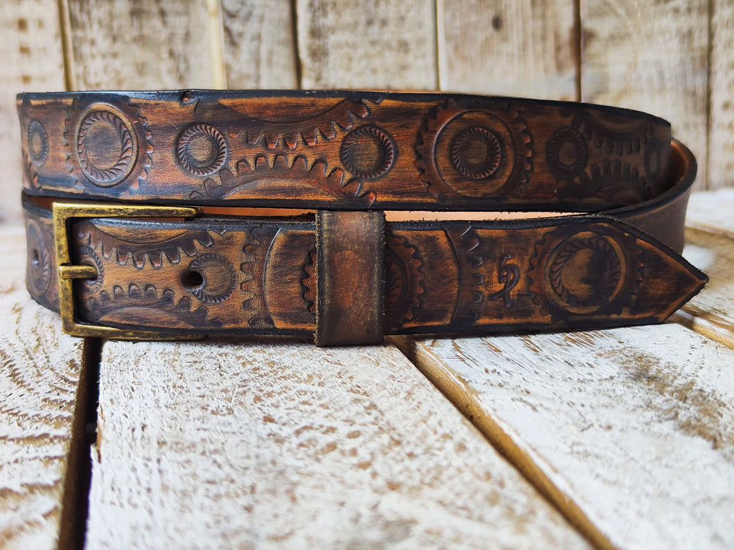 Handmade Rugged Leather Belt for Bikers - Vintage Brown Motorcycle Gear Stamps - Personalized Gift