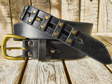 Handcrafted original Black Leather Studded Belt with Bronze Buckle and unique design by Ishaor