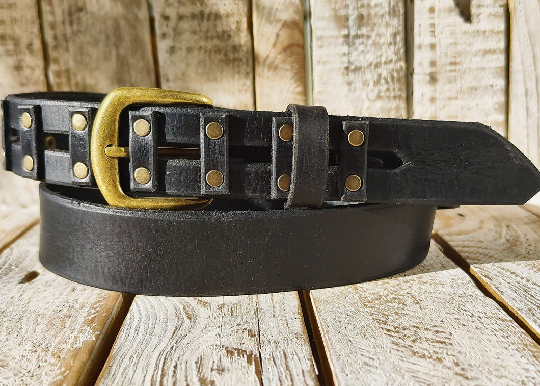 Handcrafted original Black Leather Studded Belt with Bronze Buckle and unique design by Ishaor