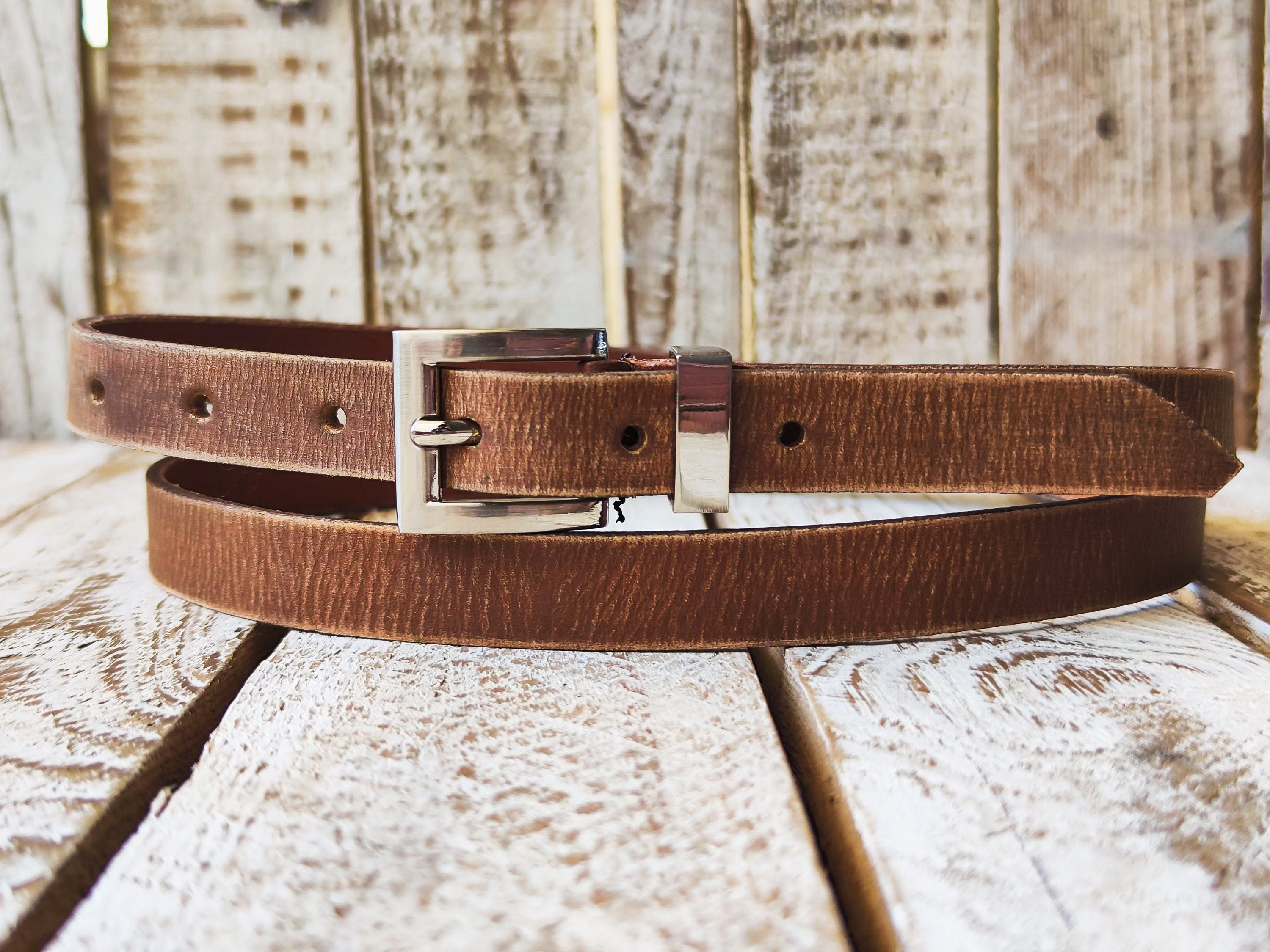 Handcrafted Brown Leather Belt with Silver Buckle - Stylish Unisex Accessory for Men and Women